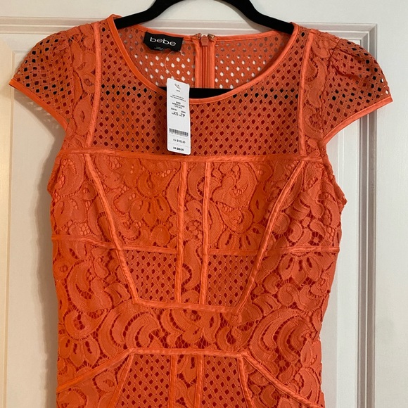 NWT Bebe Orange Lace Paneled Short Sleeve Top - Picture 3 of 10
